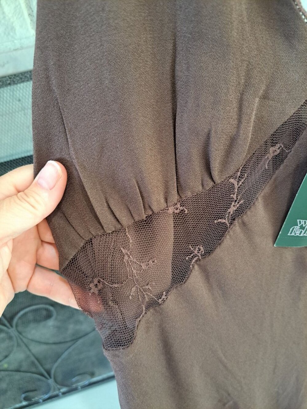 New Wild Fable Brown Lace Trim Maxi Dress Plunging V-Neckline Sheer Mesh M - Picture 3 of 15